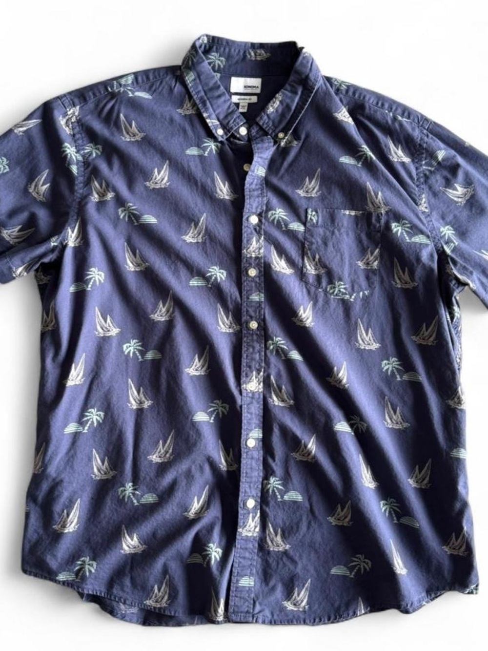Sonoma navy nautical print short sleeve button down - preppy coastal top